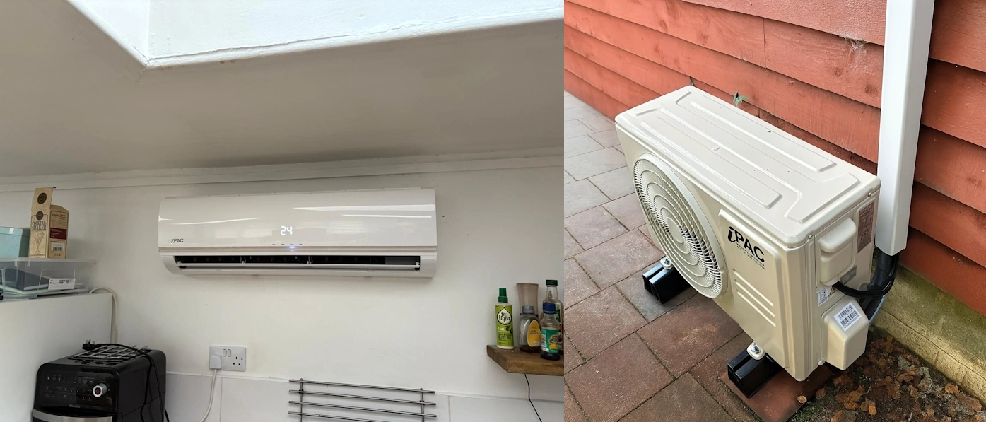 18,000 BTU air conditioning unit installed in an annexe
