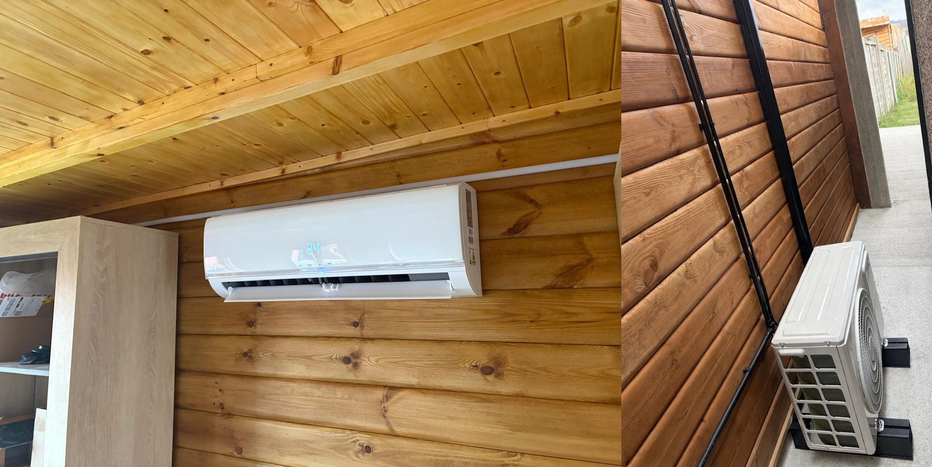 9,000 BTU air conditioning unit installed in a wooden garden summer house